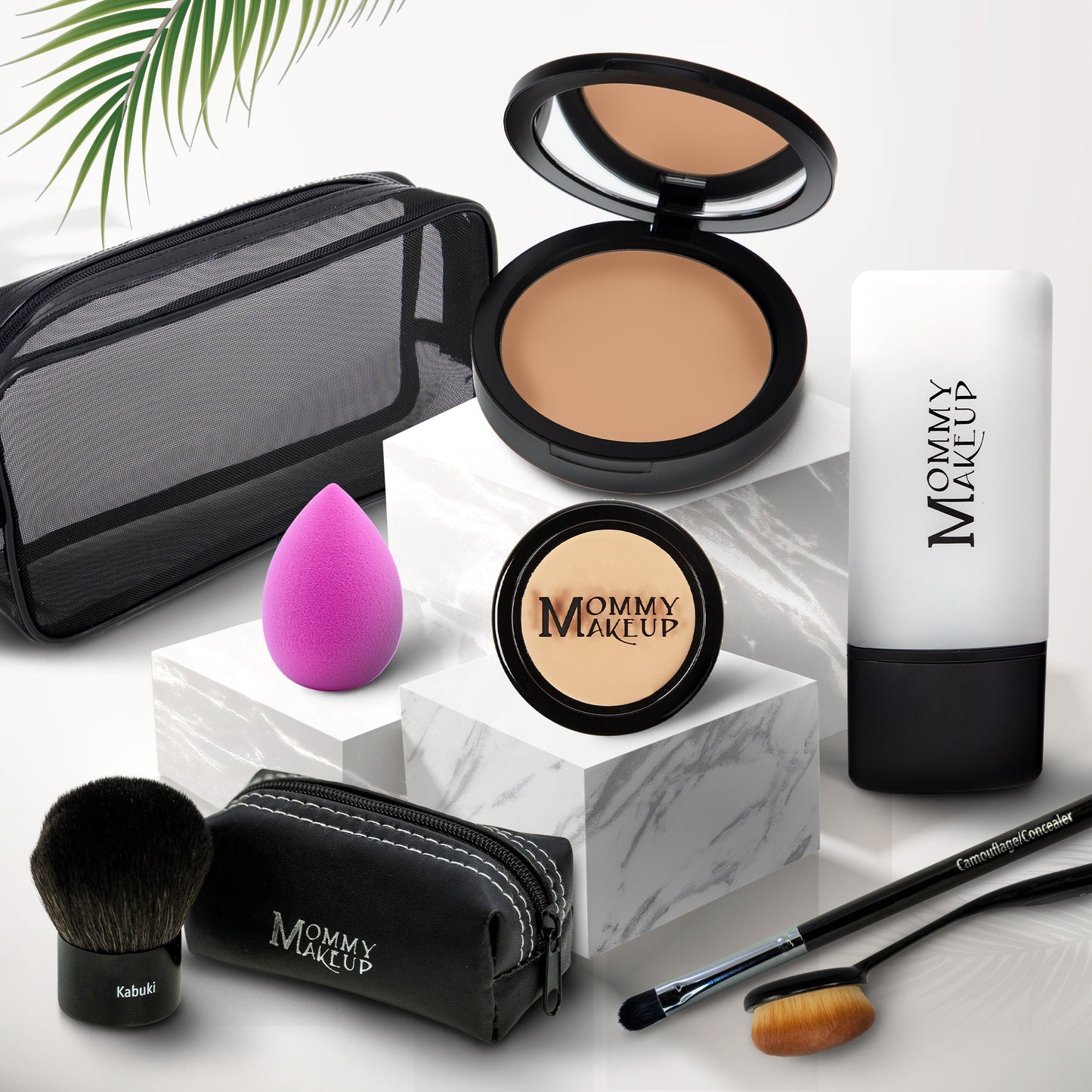Talc-free foundation & concealer set: light-tan compact, mini jar, sponge, brush, case, tube.