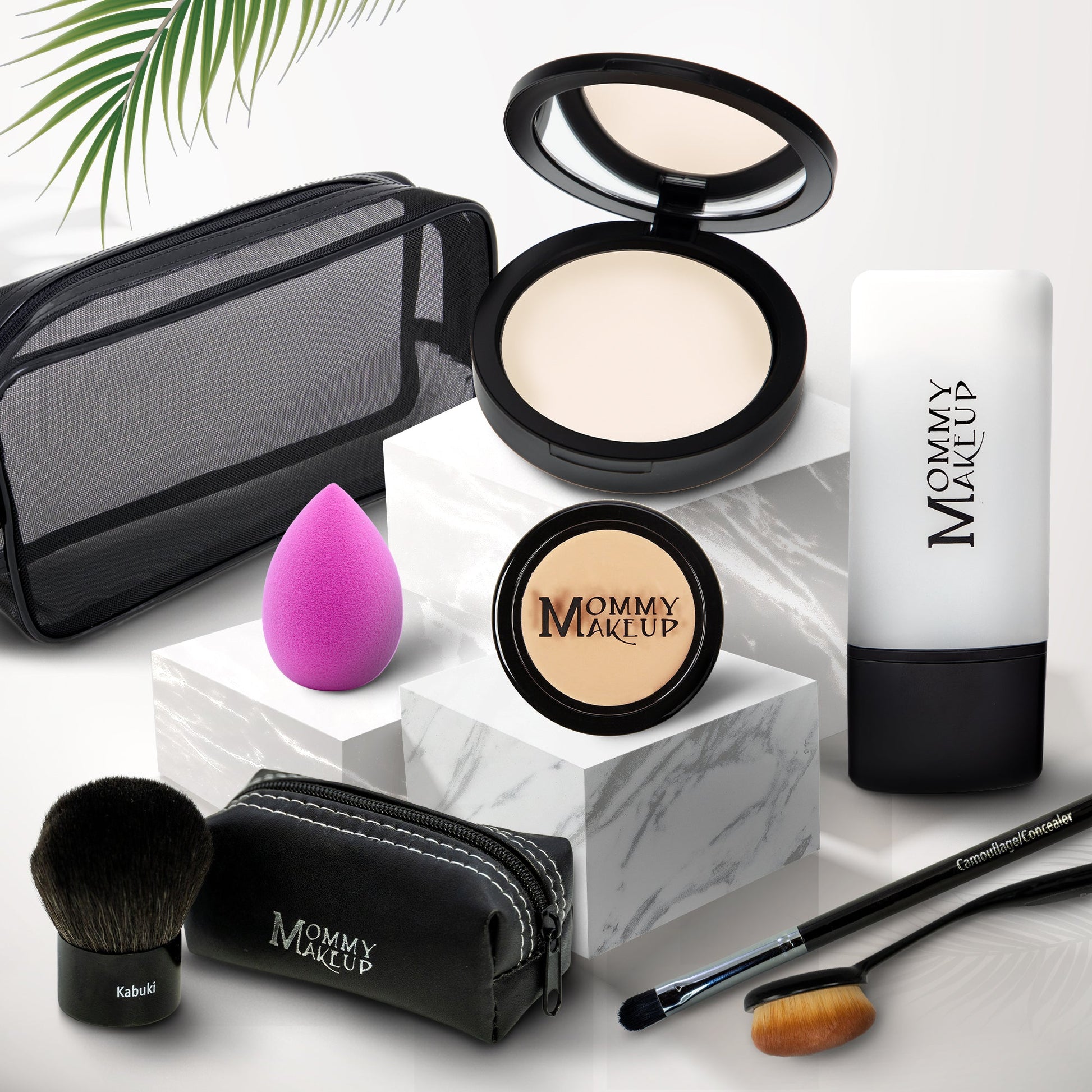 Talc-free foundation & concealer set: pale compact, mini jar, sponge, brush, case, tube.
