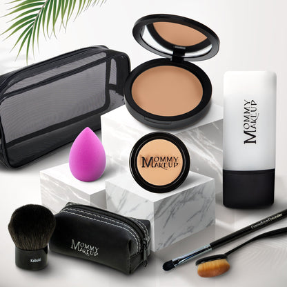 Talc-free foundation & concealer set: tan compact, mini jar, sponge, brush, case, tube.