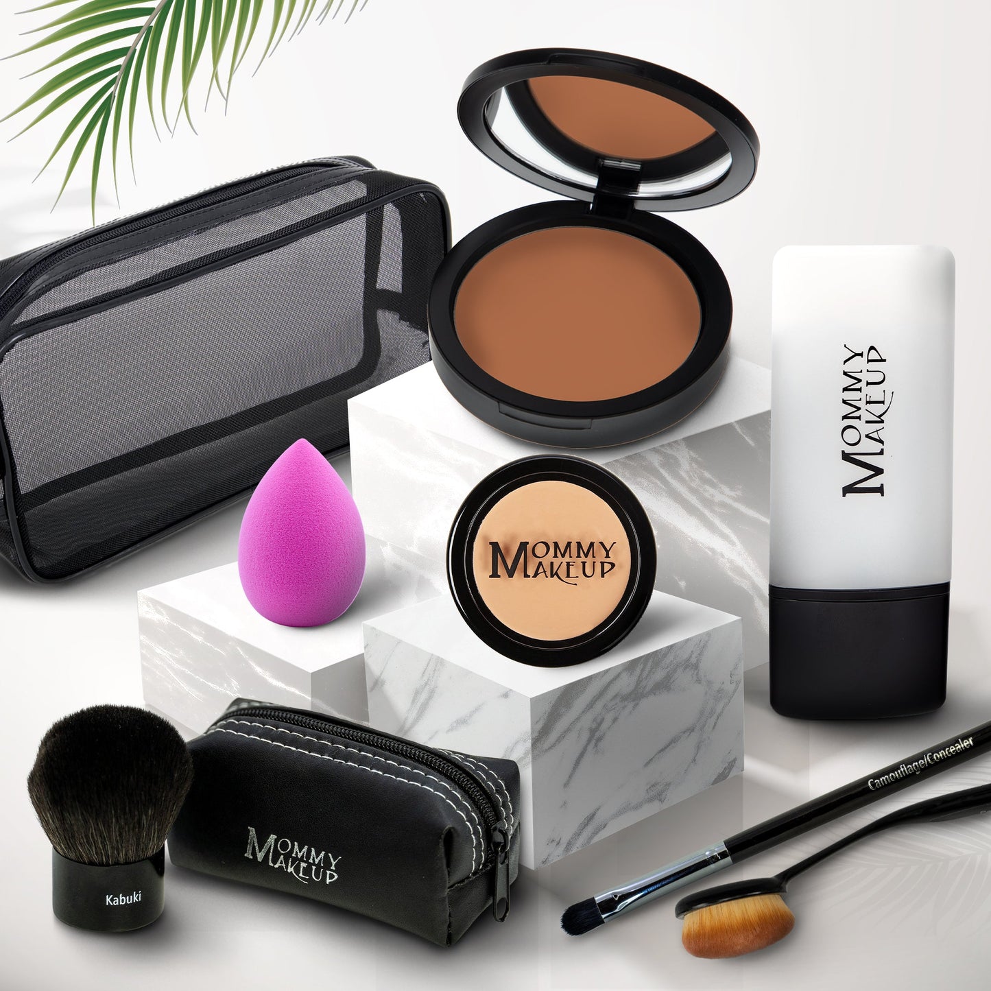 Talc-free foundation & concealer set: medium warm-brown compact, mini jar, sponge, brush, case.