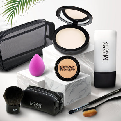 Talc-free foundation and concealer set with black compact, sponge, brush, and pouch—light tone