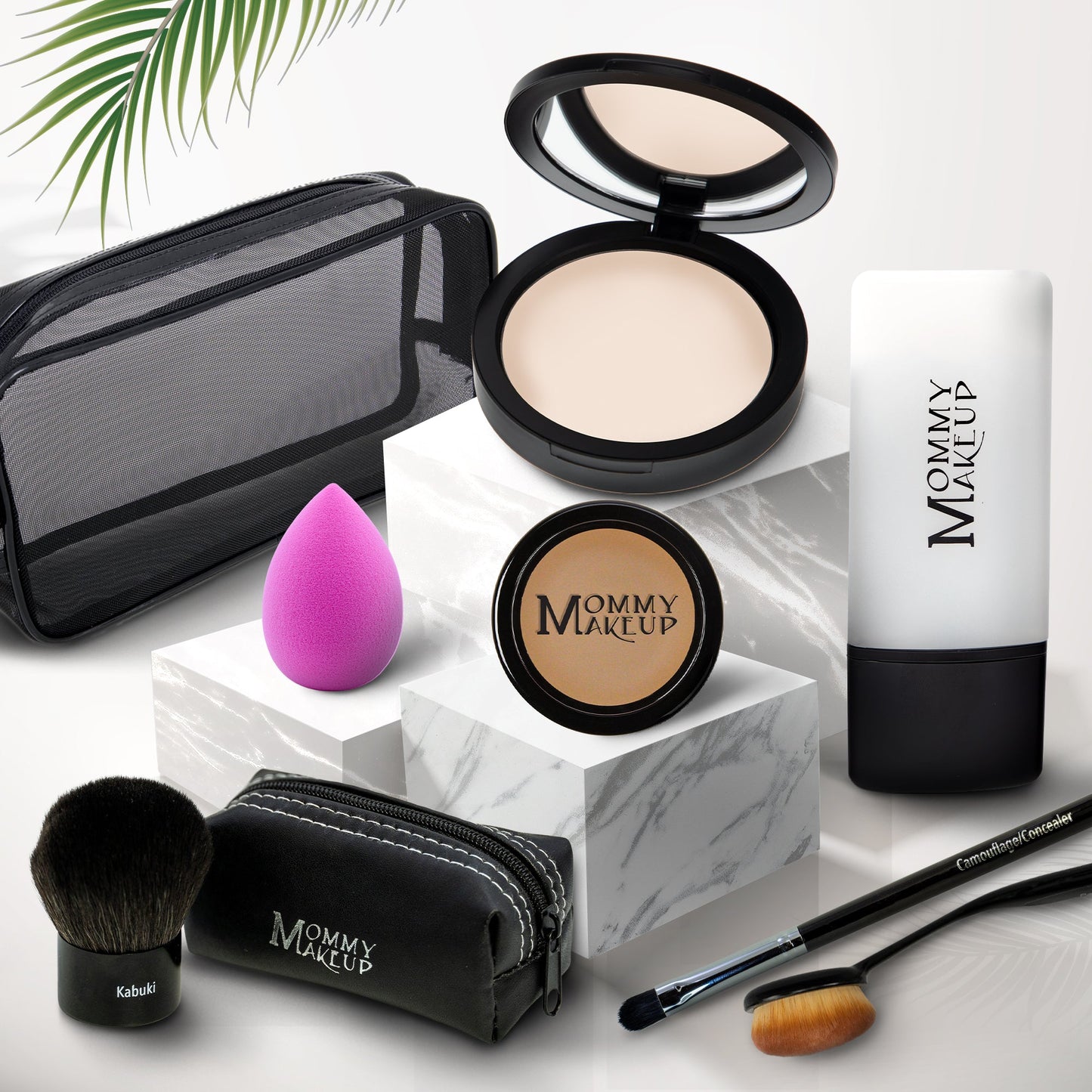 Talc-free foundation and concealer set with black compact, sponge, brush, and pouch—light tone