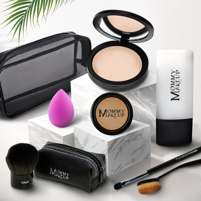 Talc-free foundation and concealer set with black compact, sponge, brush, and pouch—light tone