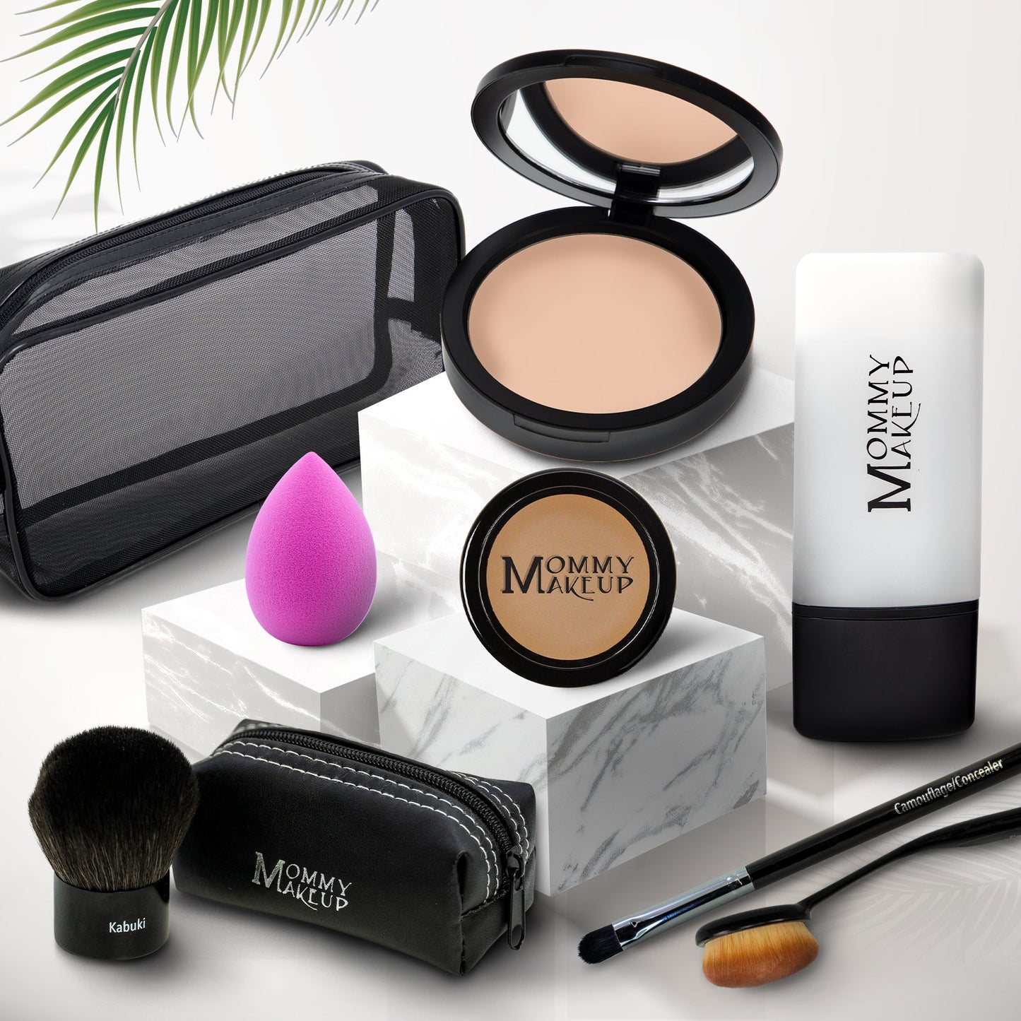 Talc-free foundation and concealer set with black compact, sponge, brush, and pouch—light tone