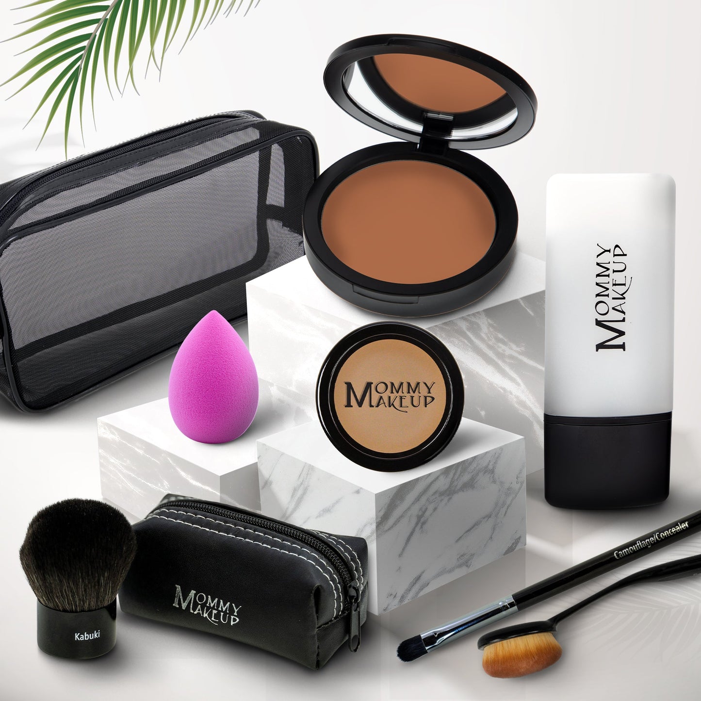 Talc-free foundation and concealer set with black compact, sponge, brush, and pouch—dark tone