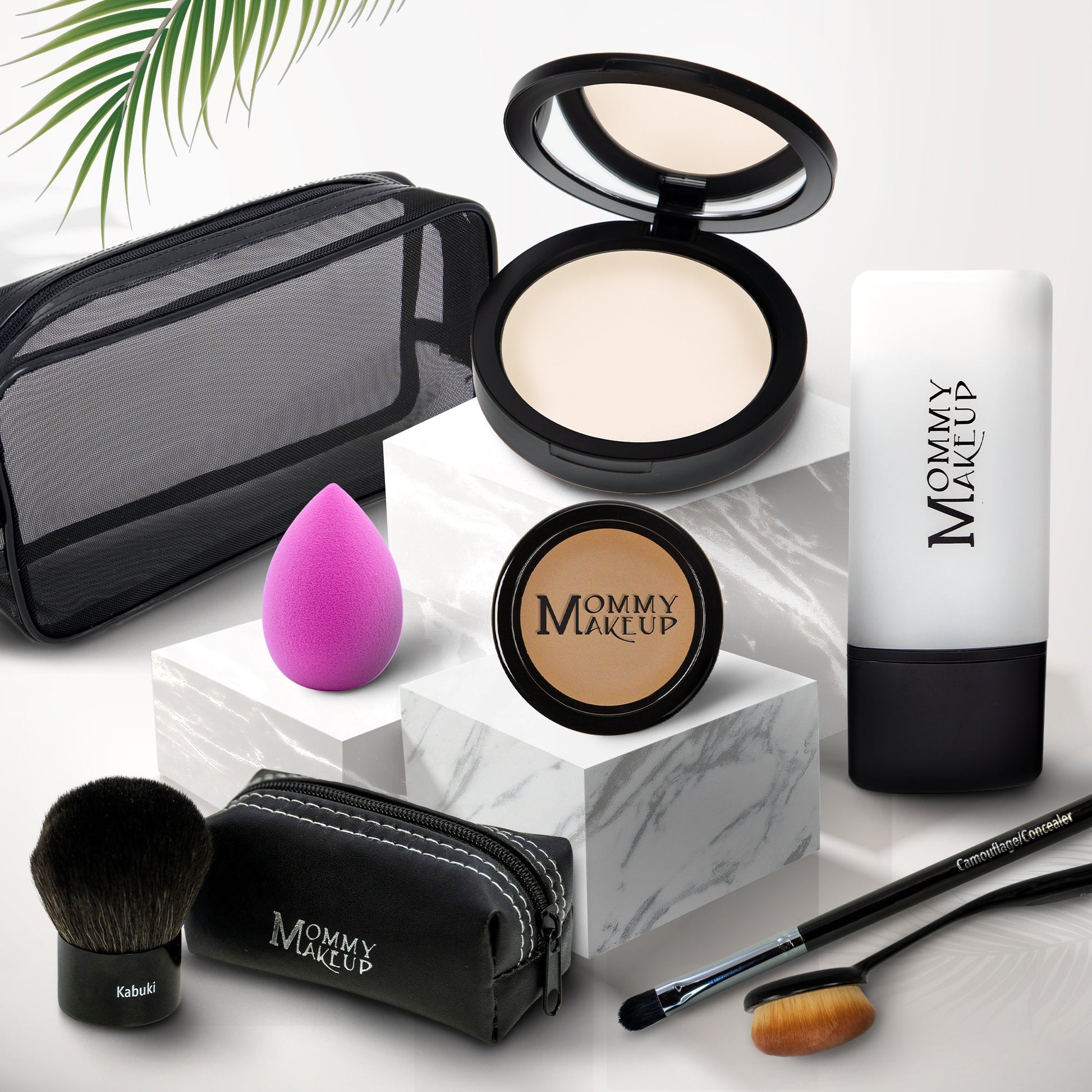Talc-free foundation and concealer set with black compact, sponge, brush, and pouch—light tone