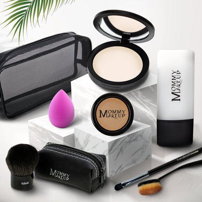 Talc-free foundation and concealer set with black compact, sponge, brush, and pouch—light tone