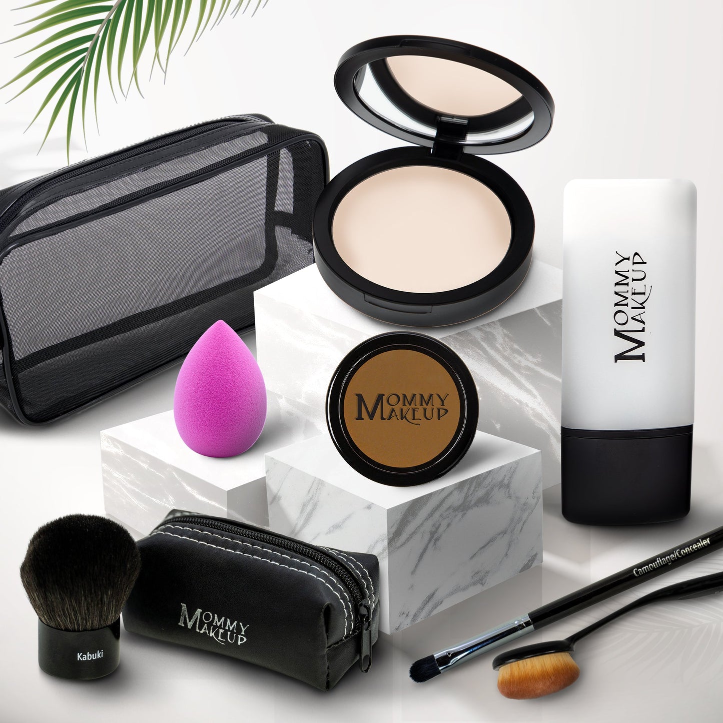 Talc-free foundation and concealer set with black compact, sponge, brush, and pouch—light tone