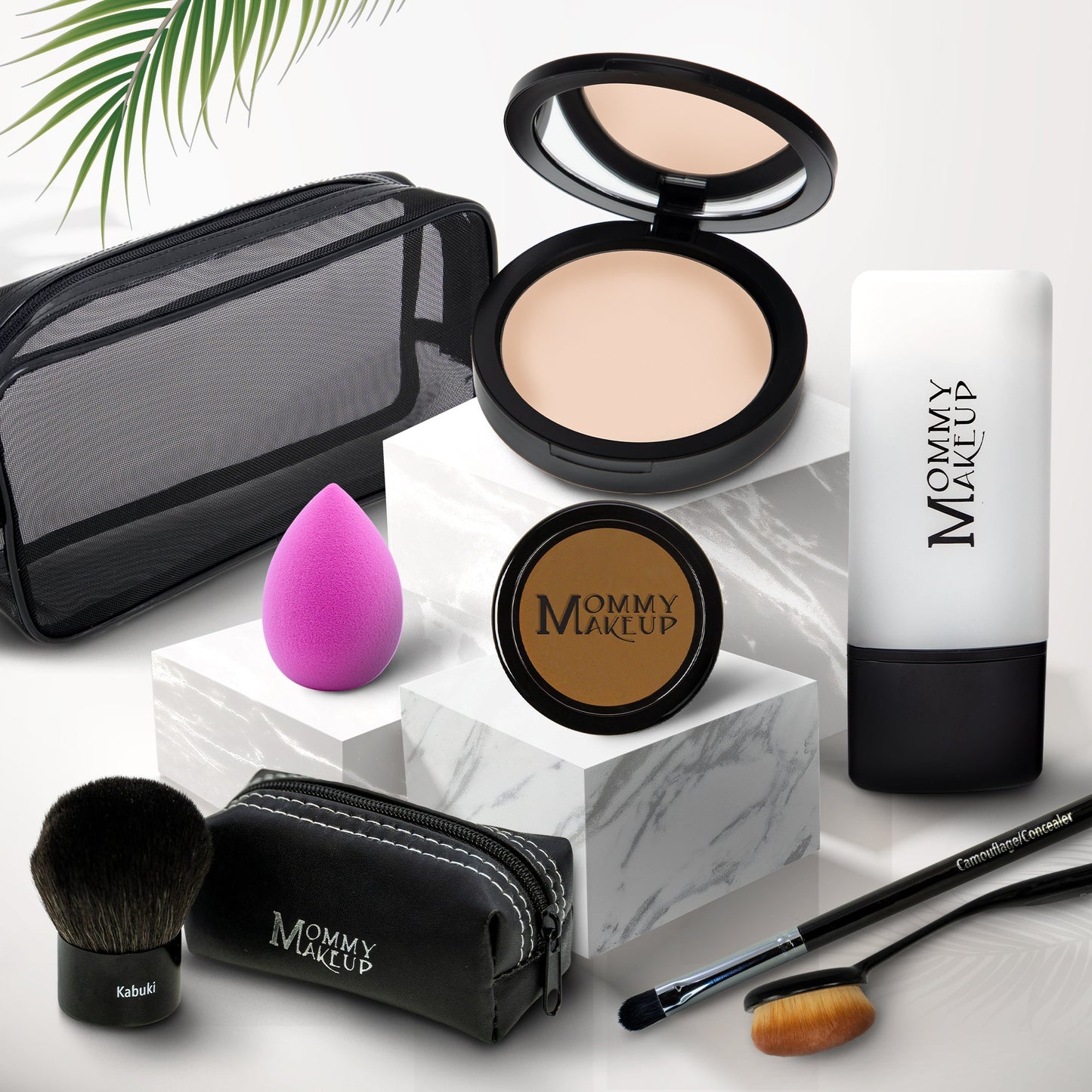 Talc-free foundation and concealer set with black compact, sponge, brush, and pouch—light tone