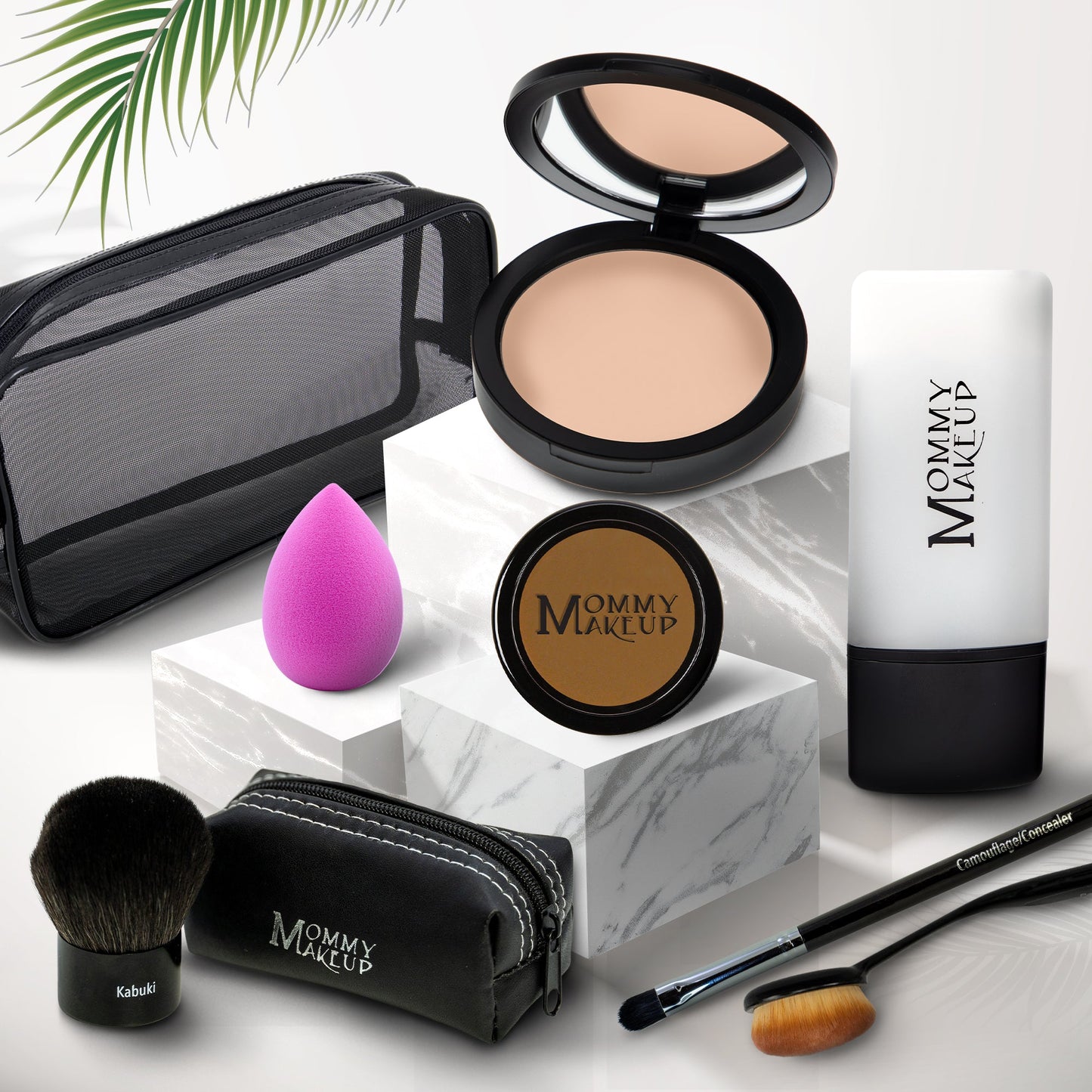 Talc-free foundation and concealer set with black compact, sponge, brush, and pouch—light tone