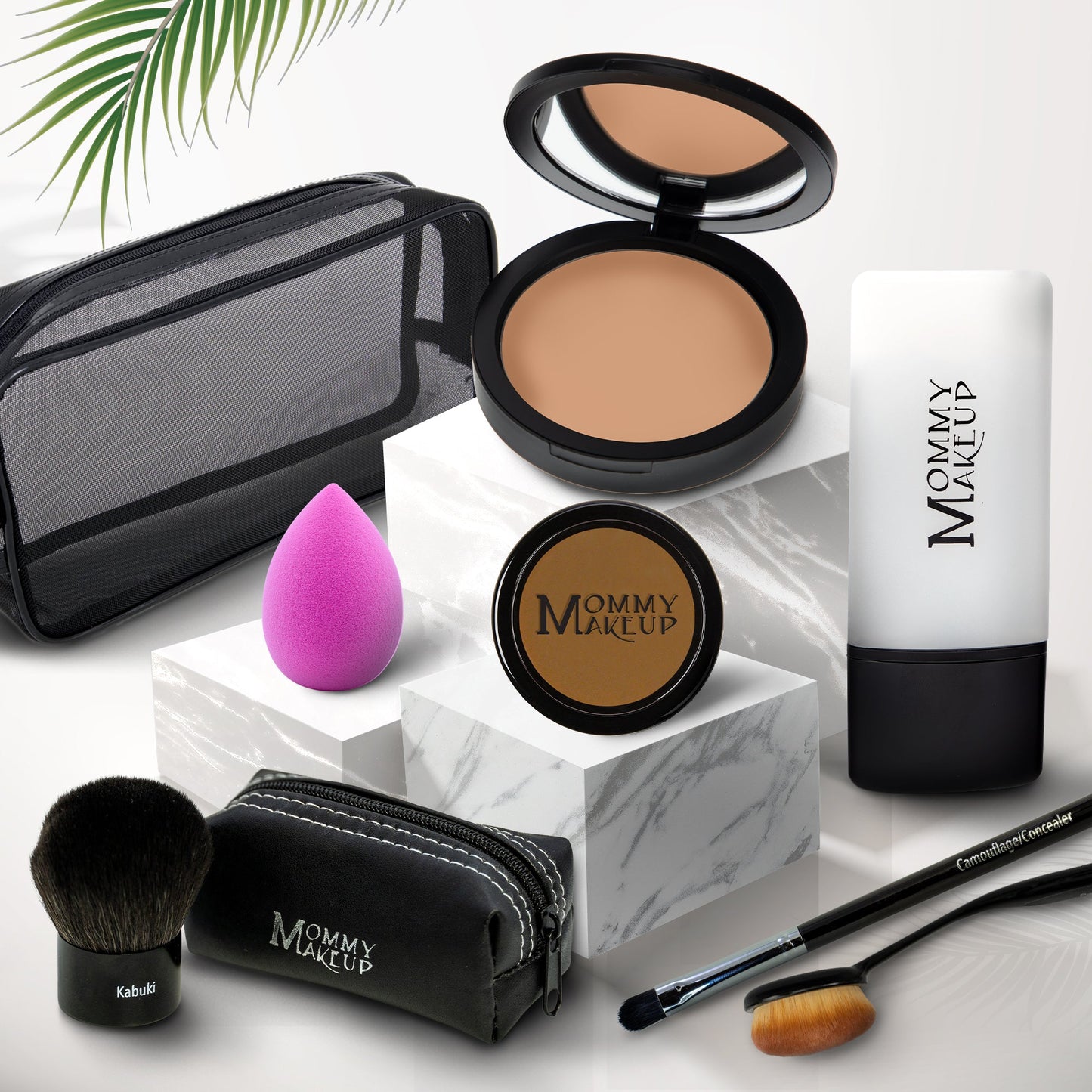 Talc-free foundation & concealer set: compact, brush, sponge, and pouch, tan shade