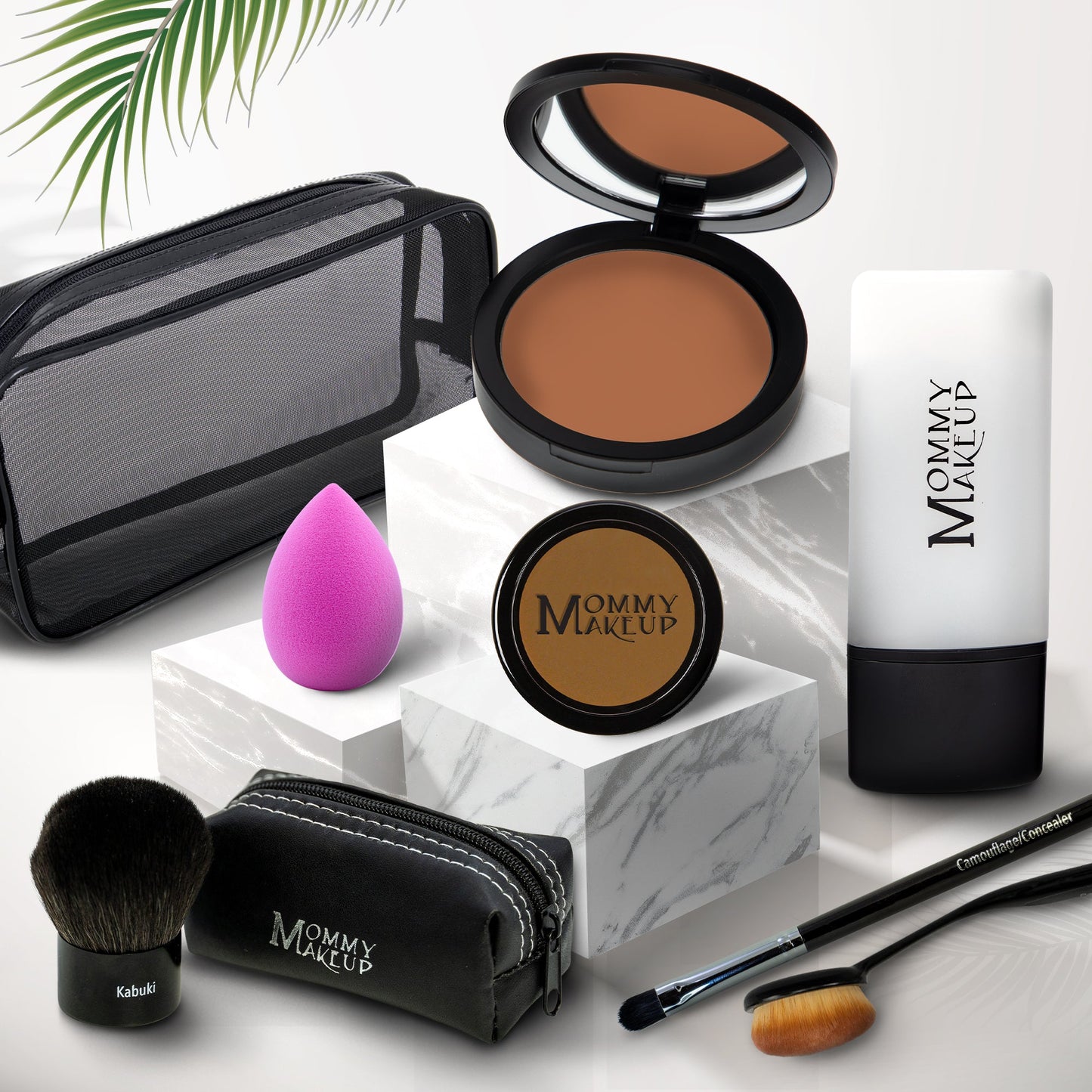 Talc-free foundation & concealer set: compact, brush, sponge, and pouch, medium-brown shade