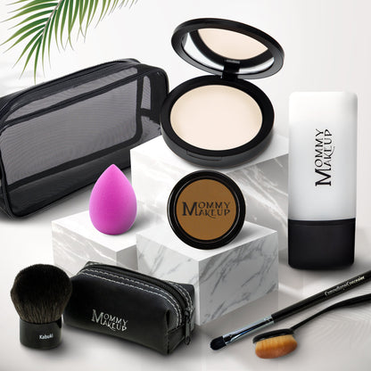 Talc-free foundation & concealer set: compact, brush, sponge, and pouch, light shade
