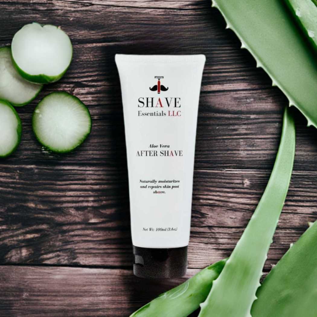 Aftershave gel tube on dark wood with cucumber slices and green aloe leaf
