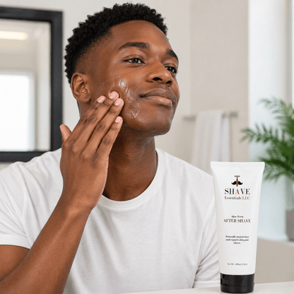 Aftershave gel tube on table as man applies gel to his face