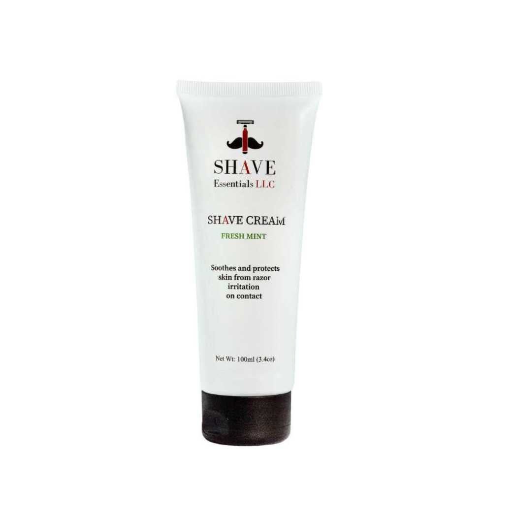 Shaving cream tube in white with black base and red logo