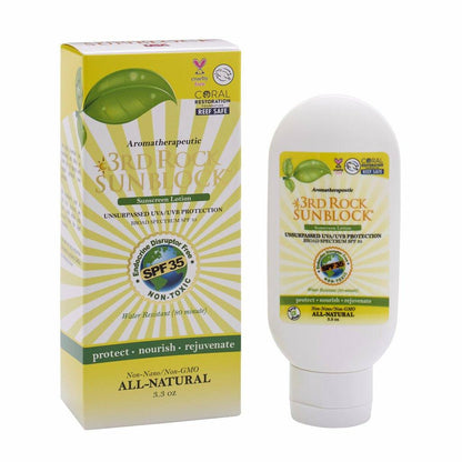 Sunscreen lotion box and tube with green leaf label and SPF 35