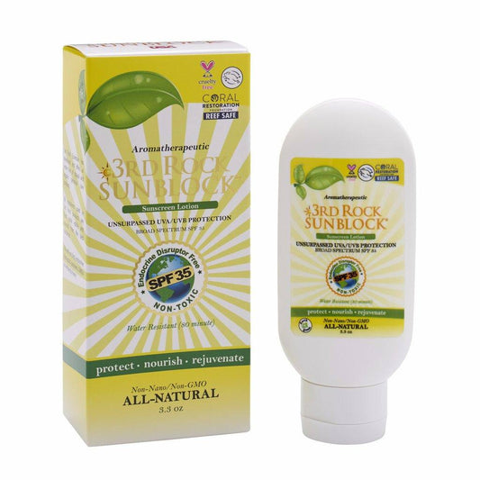 Sunscreen lotion box and tube with green leaf label and SPF 35