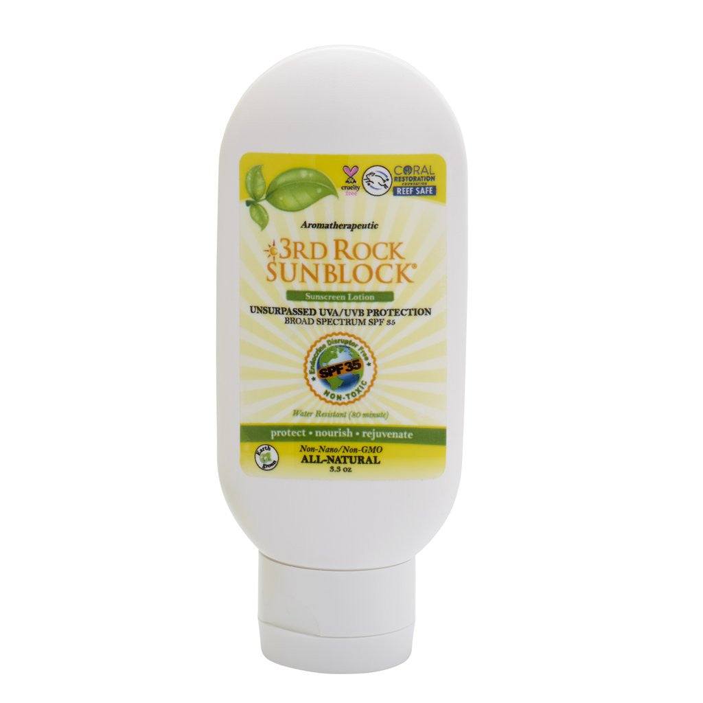 Sunscreen lotion tube with green leaf label and SPF 35