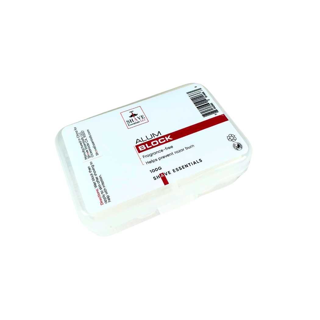 Alum block in clear plastic case with SHAVE Essentials label