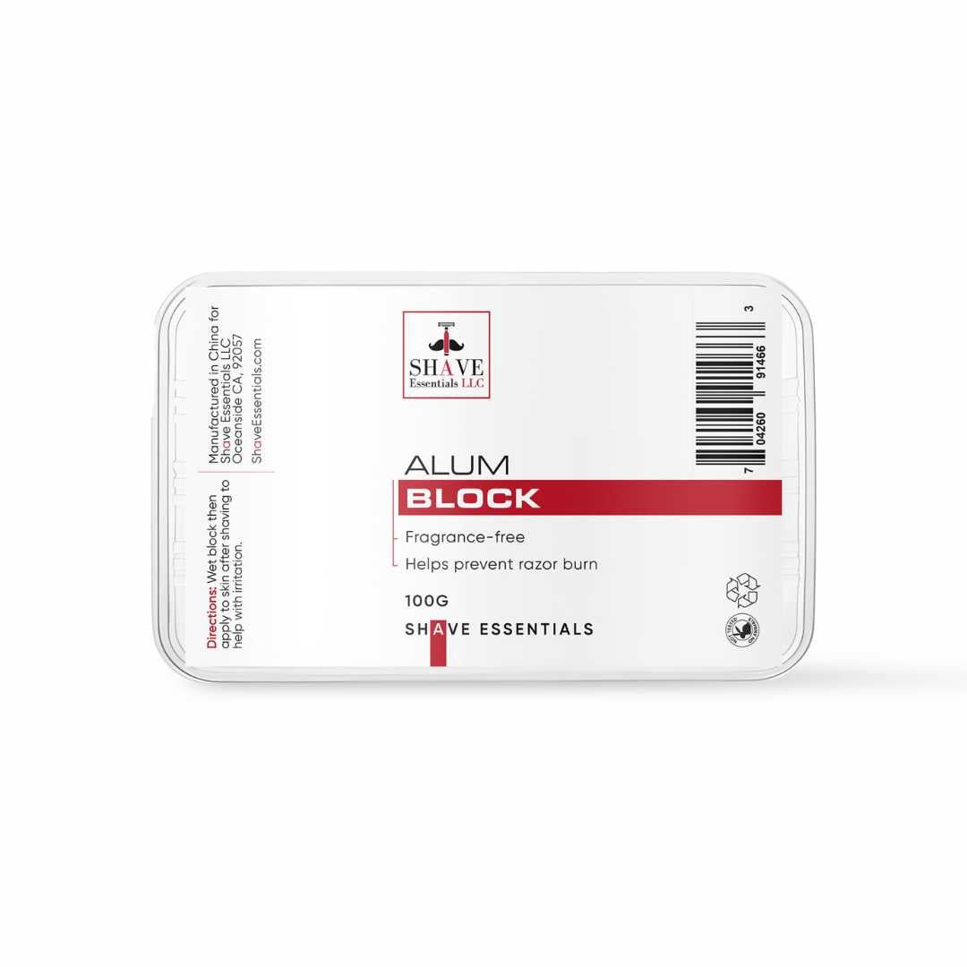 Alum block in clear plastic case, white with label and barcode