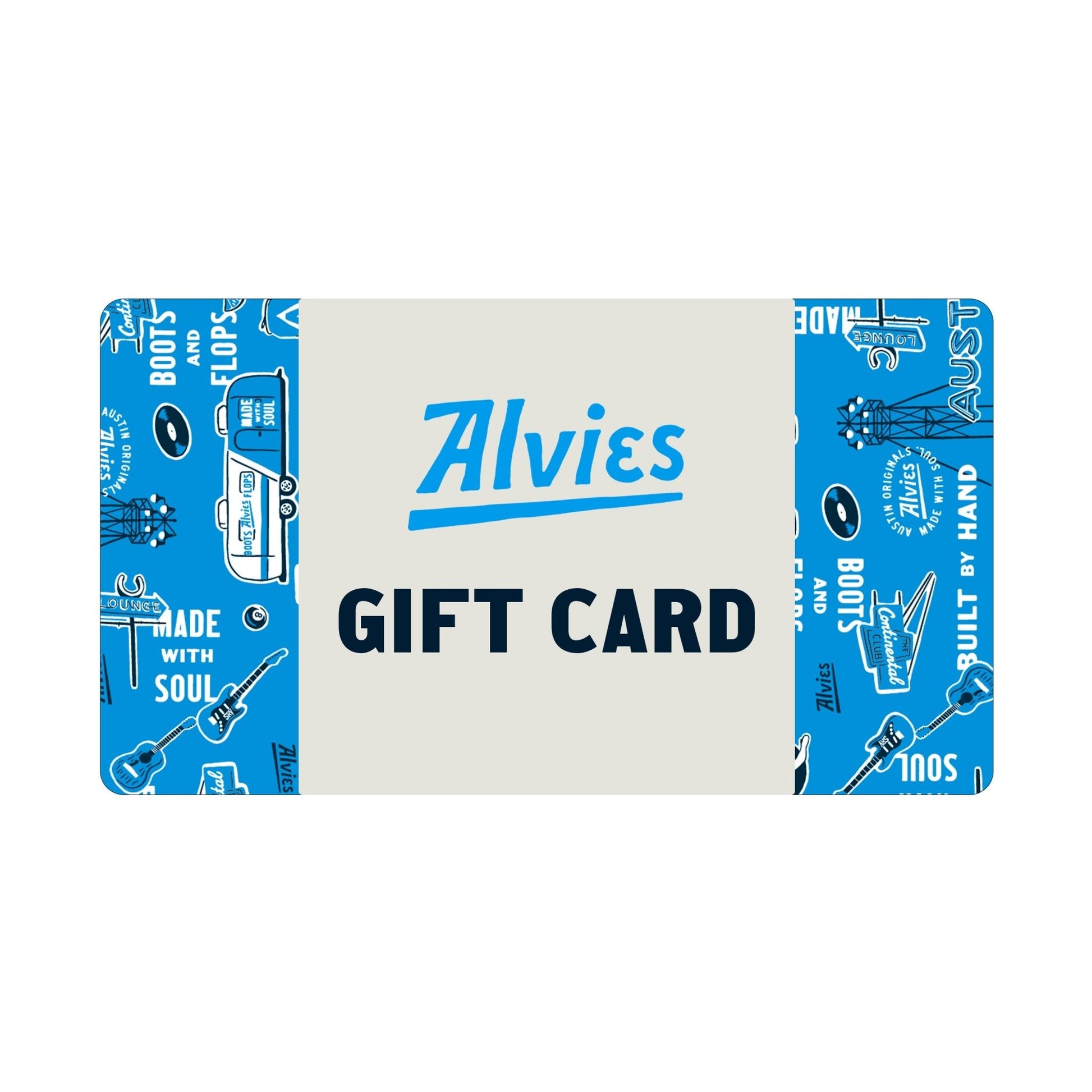 Alvies gift card with blue patterned sides and 'GIFT CARD' text
