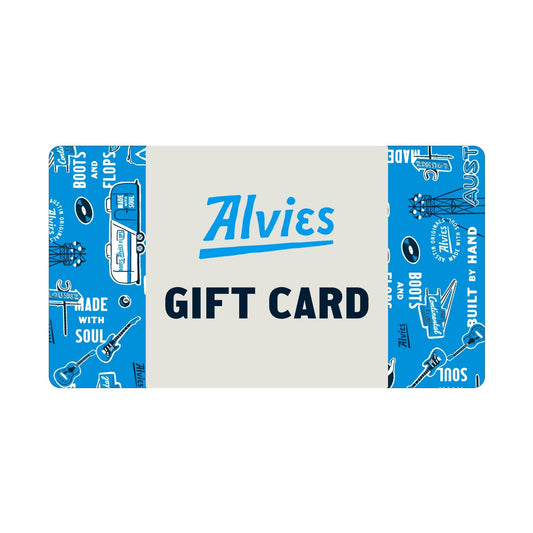 Alvies gift card with blue patterned sides and 'GIFT CARD' text