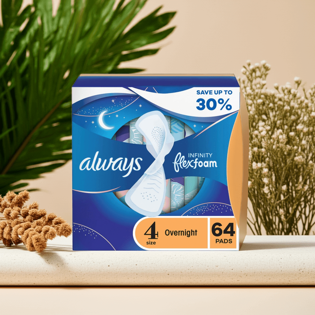 Always Infinity FlexFoam Overnight Pads with Wings, Unscented, Size 4, 64 ct.