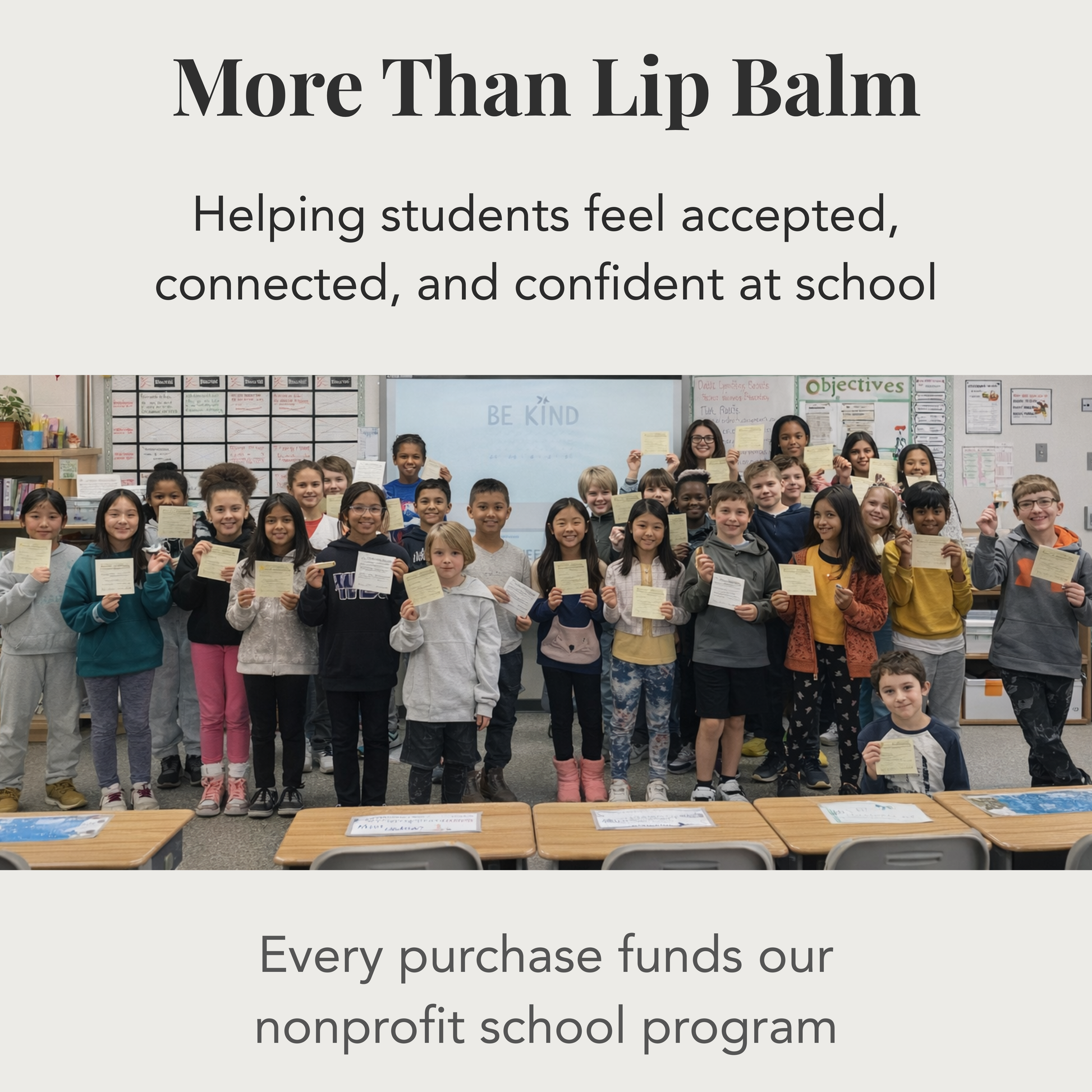 Students posing with Kind Lips related cards in a classroom