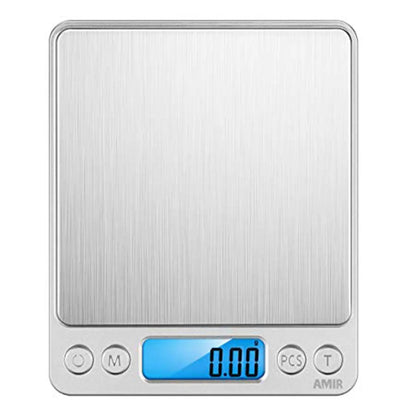 Digital precision kitchen scale with blue LCD display and control buttons