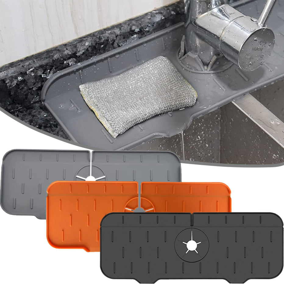 Foldable kitchen faucet mat set in grey, orange, and dark with drain slot detail