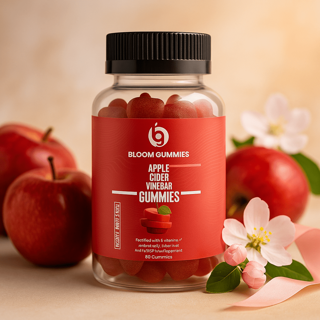 Apple cider vinegar gummies bottle, BLOOM label with red gummies visible