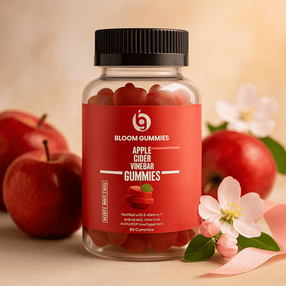 Apple cider vinegar gummies bottle, BLOOM label with red gummies visible