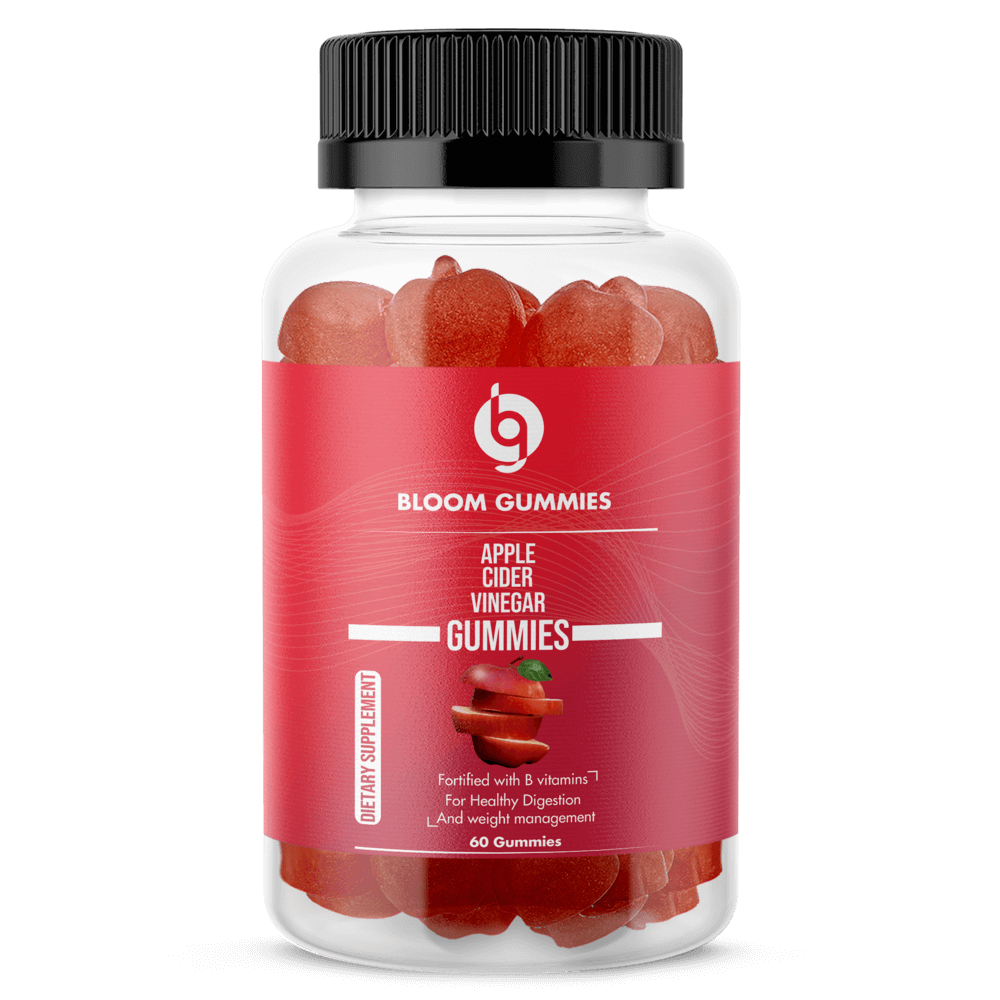 Apple cider vinegar gummies bottle, BLOOM label, clear jar with red gummies