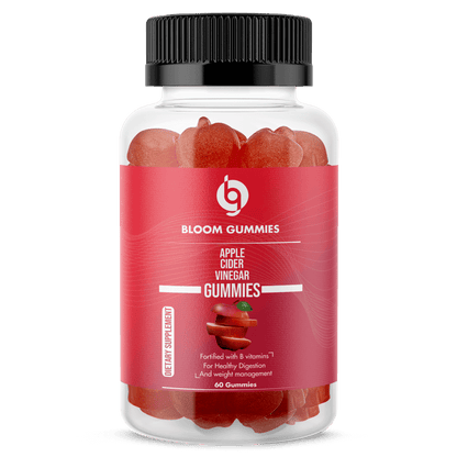 Apple cider vinegar gummies bottle, BLOOM label, clear jar with red gummies