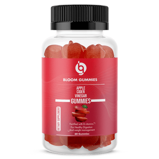 Apple cider vinegar gummies bottle, BLOOM label, clear jar with red gummies