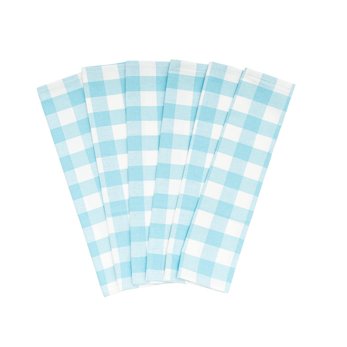 Plaid kitchen towels, light blue and white check pattern, folded set