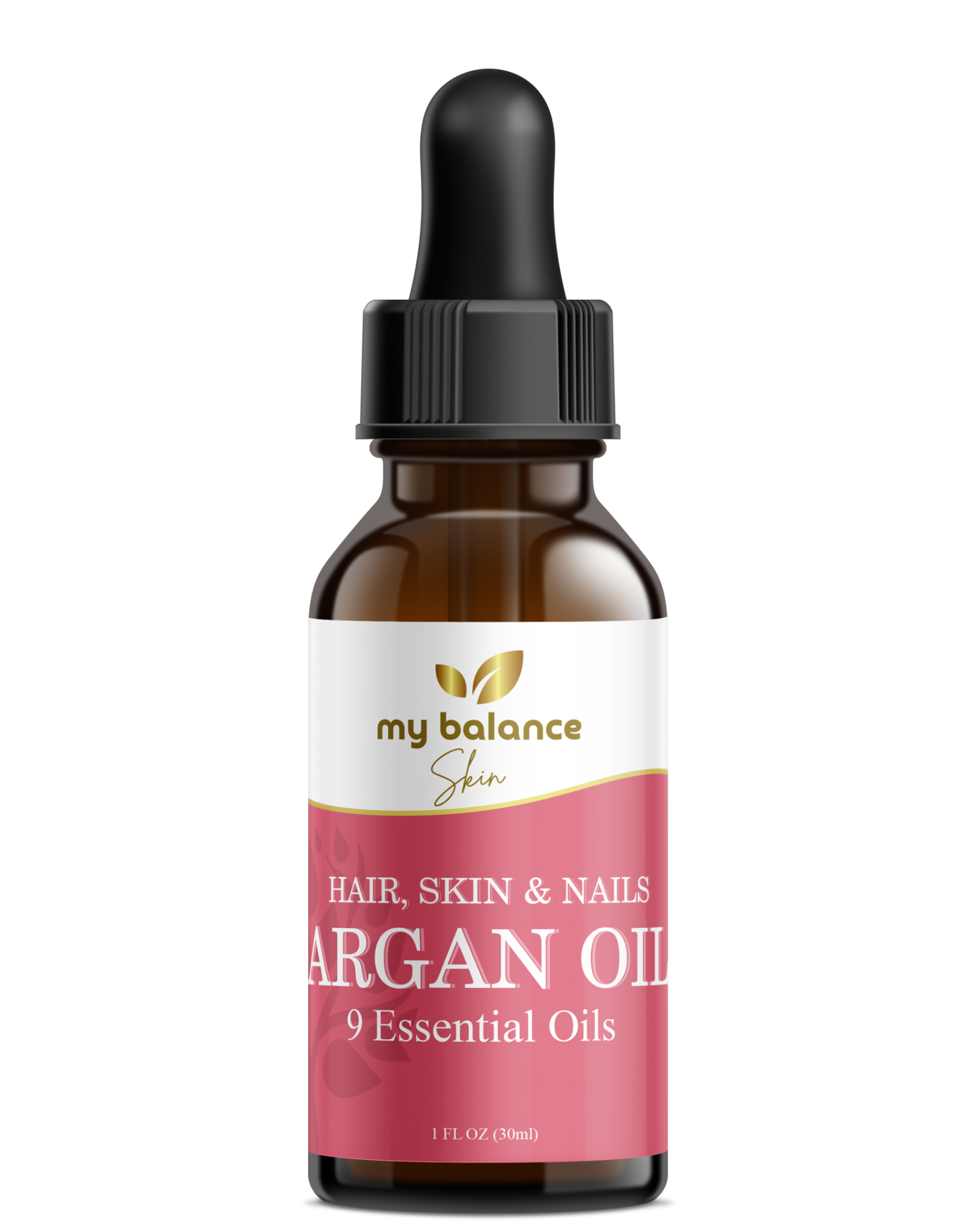 Argan topical oil bottle with black dropper cap, amber glass, pink label