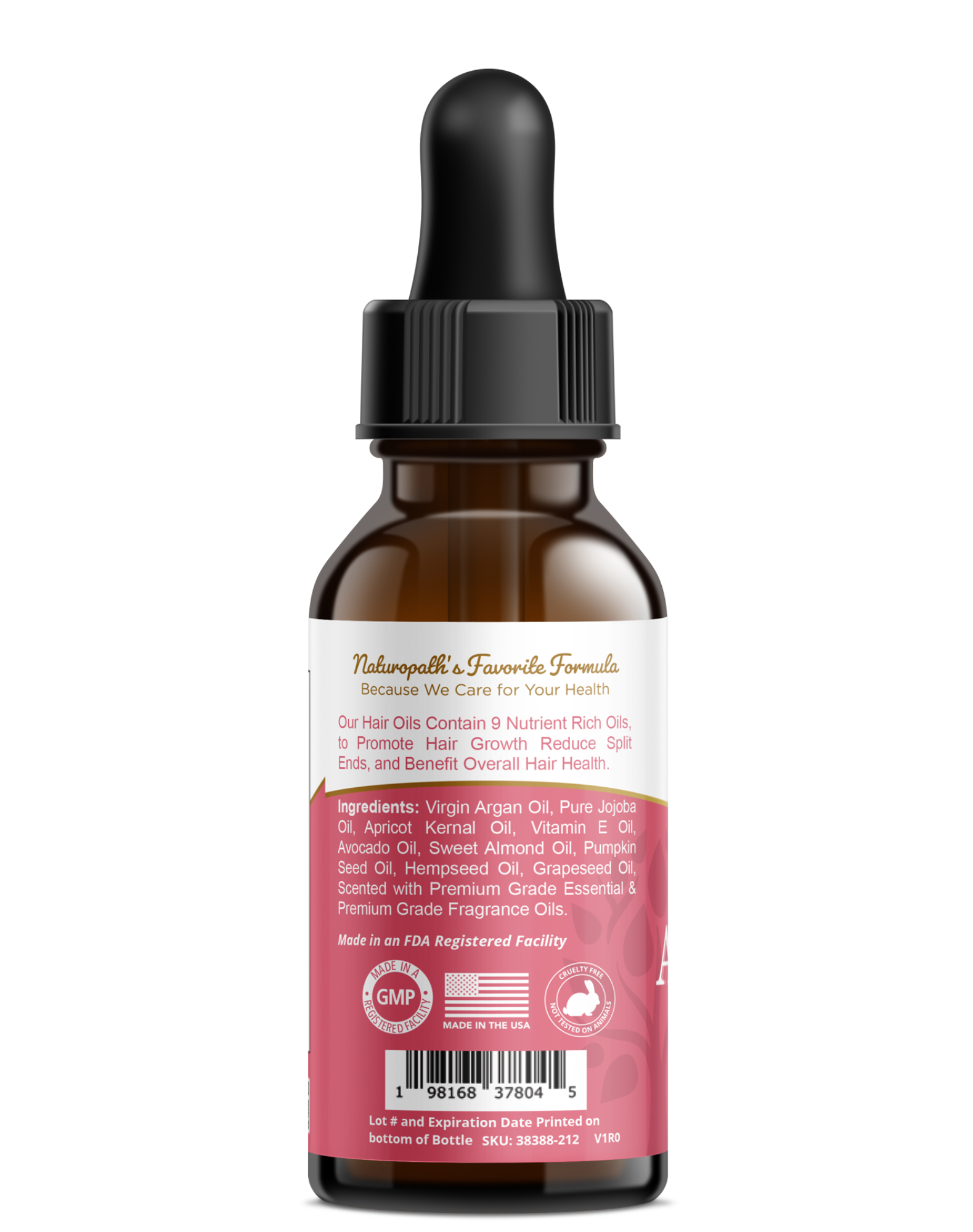 Argan topical oil bottle with black dropper cap, amber glass, ingredients label