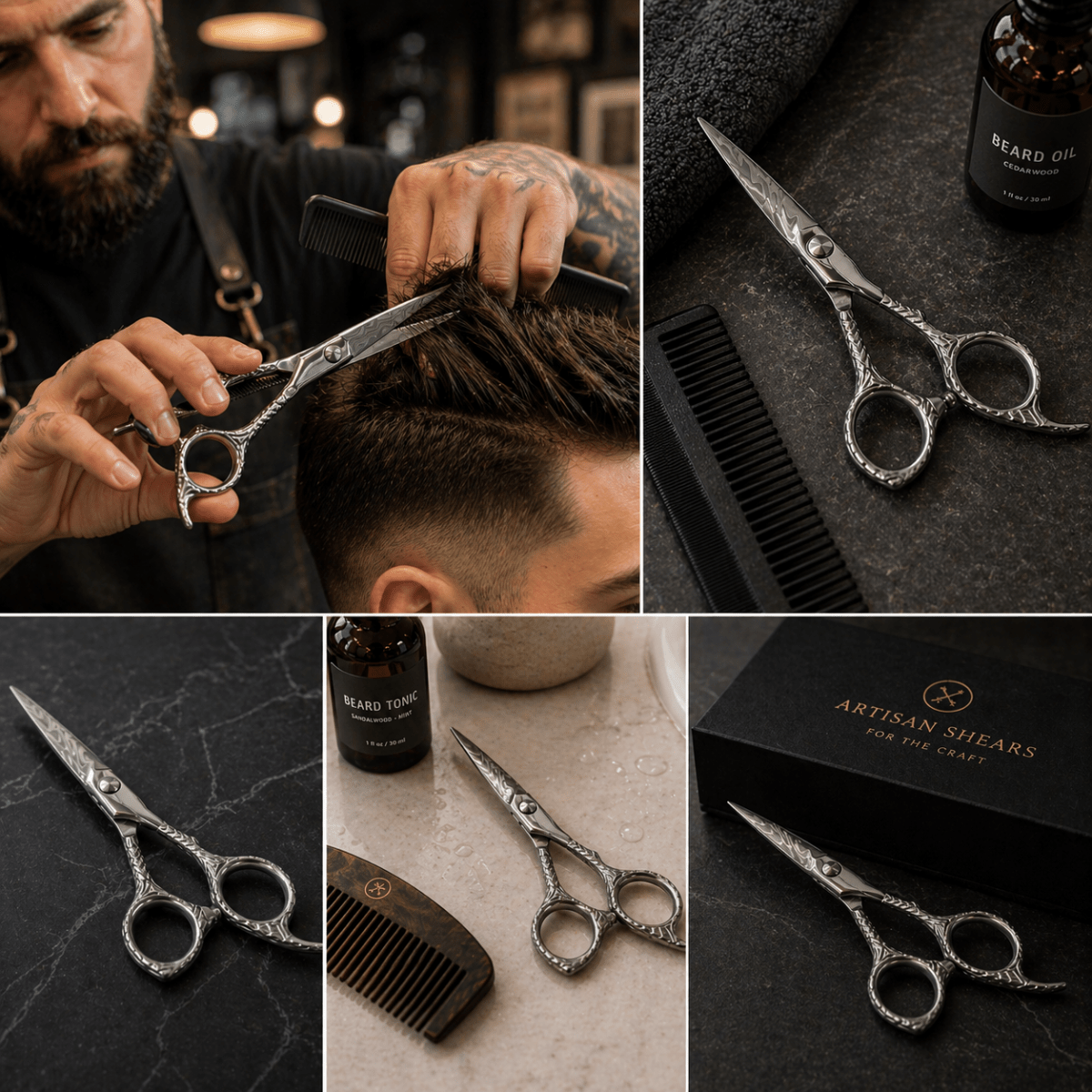Silver-tone hair cutting scissors with textured handles and circular finger loops