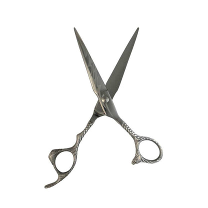 Stainless steel hair scissors with two pointed blades and circular finger loops