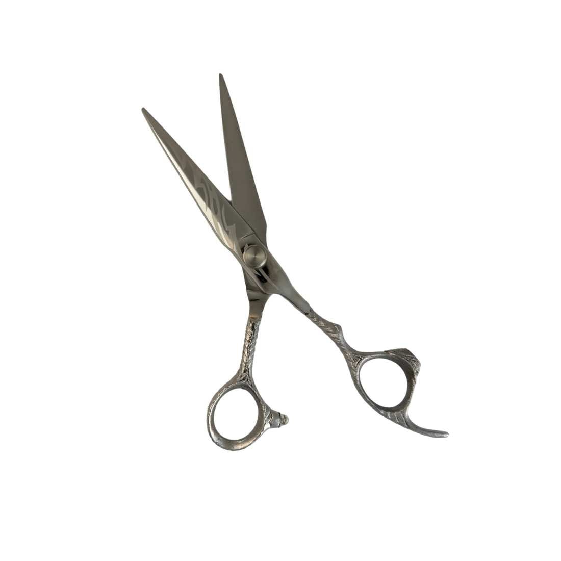 Hair cutting shears with two pointed blades and scrolled handle finger loops