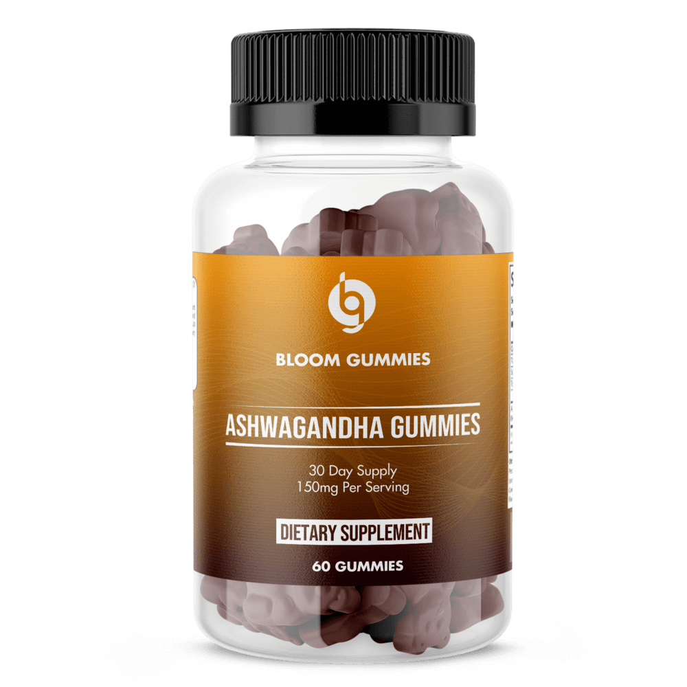 Ashwagandha gummies bottle with orange label, black cap, transparent fill; 60 gummies
