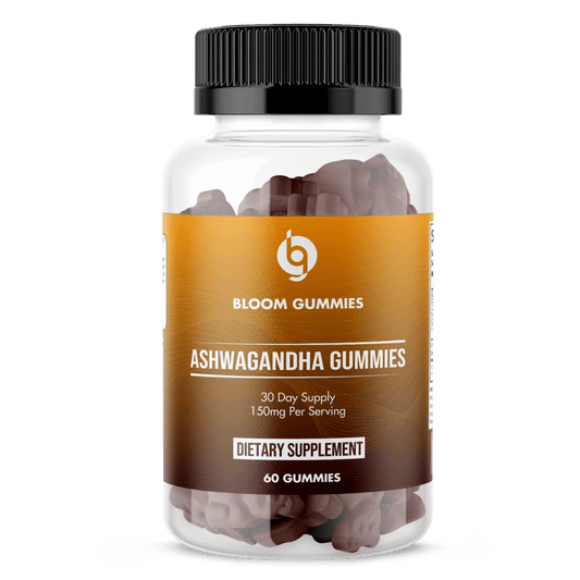 Ashwagandha gummies bottle with orange label, black cap, transparent fill; 60 gummies