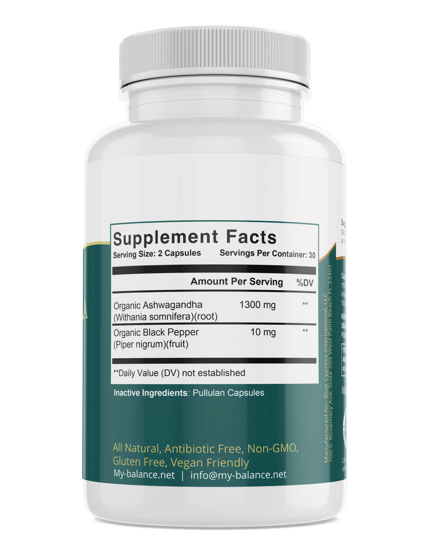 Ashwagandha supplement bottle back label with Supplement Facts and ingredient list