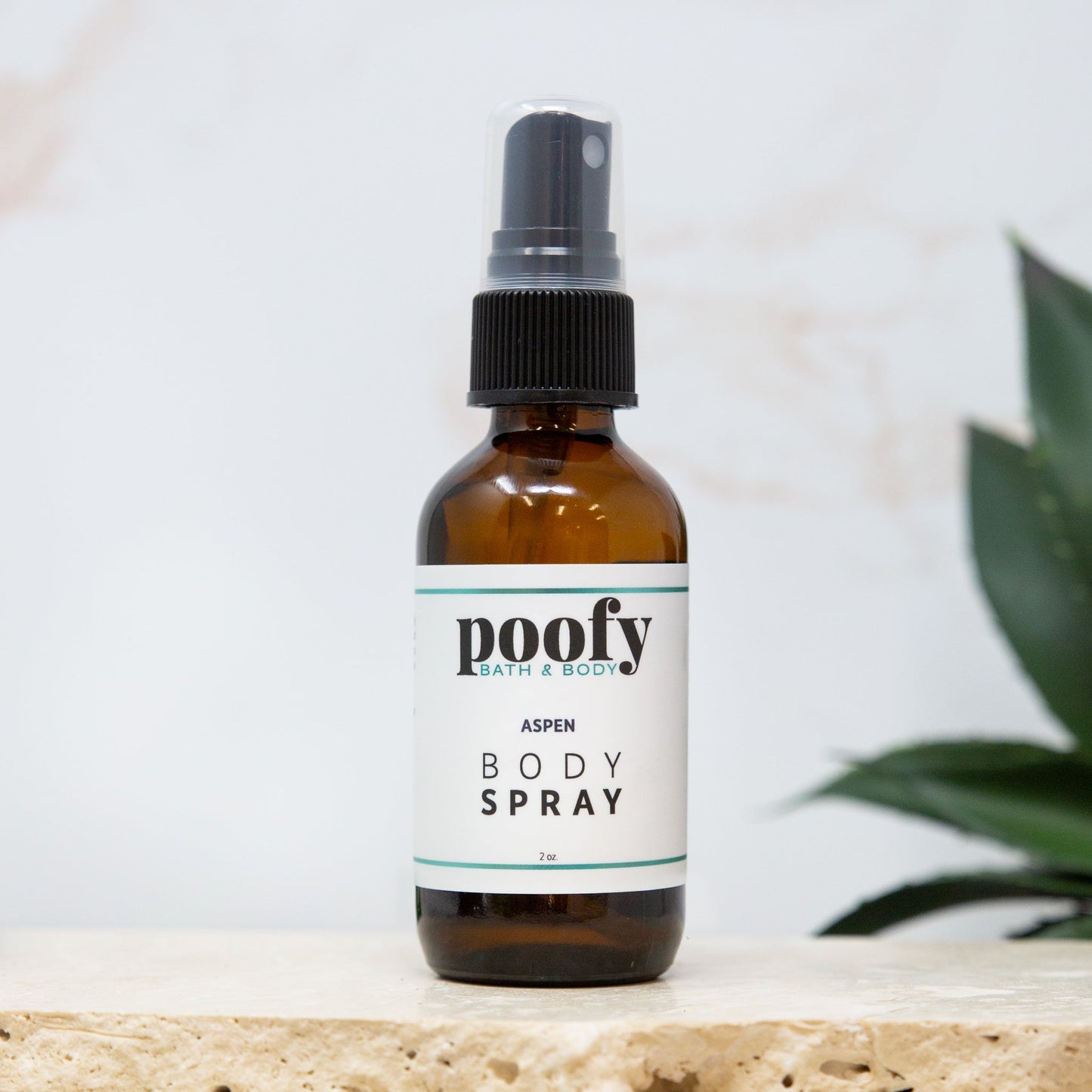 Aspen body spray bottle with amber glass and black mist sprayer, Poofy label