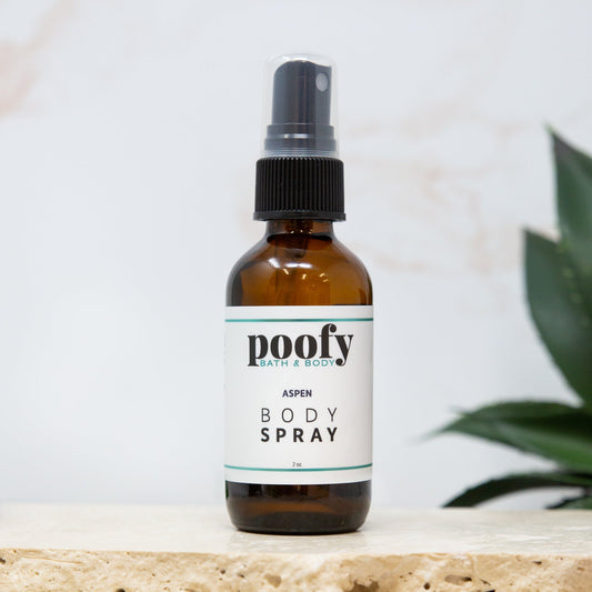Aspen body spray bottle with amber glass and black mist sprayer, Poofy label