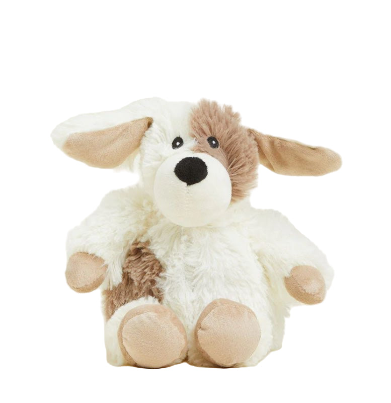 Puppy plush toy with white and brown fur, stitched face and floppy ears