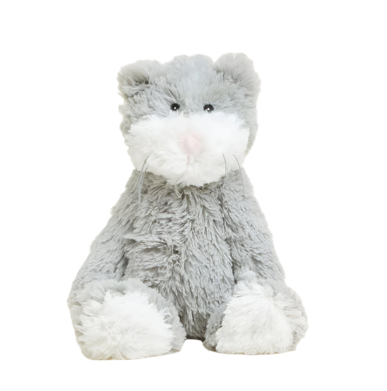 Gray and white plush cat toy with soft fur, whiskers, and black eyes