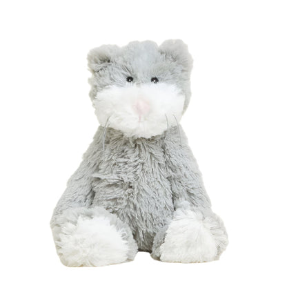 Gray and white plush cat toy with soft fur, whiskers, and black eyes